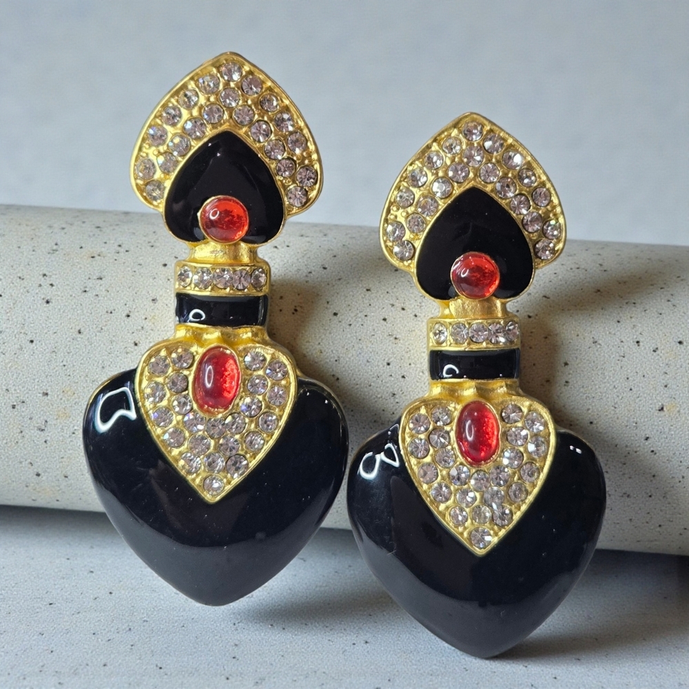 18k Gold Plated Genie Bottle Onyx Enamel Ruby Cabochon Pave Crystal Earrings